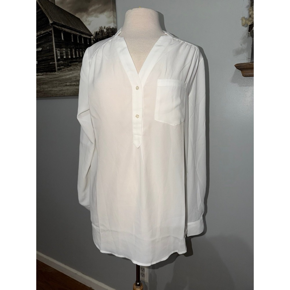 ModCloth new with tags long white roll sleeve top v neck two button large flaw